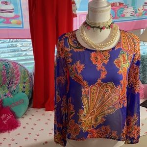 Olive Tree sheer royal blue & orange paisley top